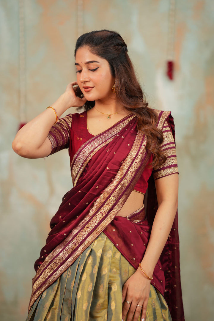 Mayuri Mint Green with Maroon Halfsaree (Set of 3) | SHOBITAM