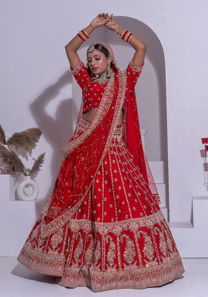 Bright Red Lehenga with double dupattas, Customizable, Made to Order
