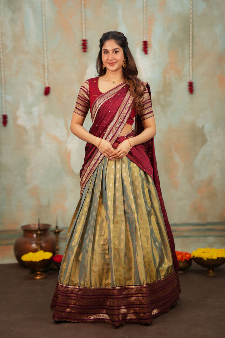 Mayuri Mint Green with Maroon Halfsaree (Set of 3) | SHOBITAM