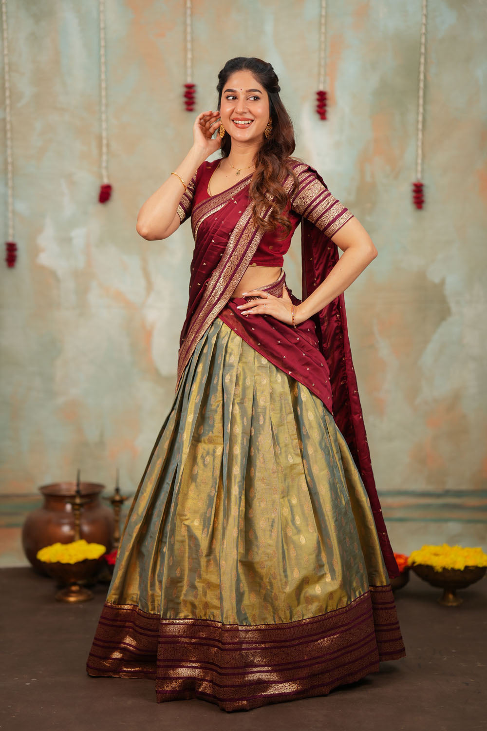 Mayuri Mint Green with Maroon Halfsaree (Set of 3) | SHOBITAM