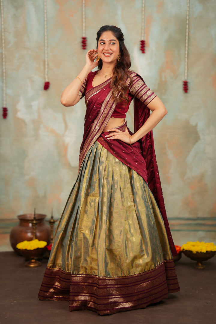 Mayuri Mint Green with Maroon Halfsaree (Set of 3) | SHOBITAM