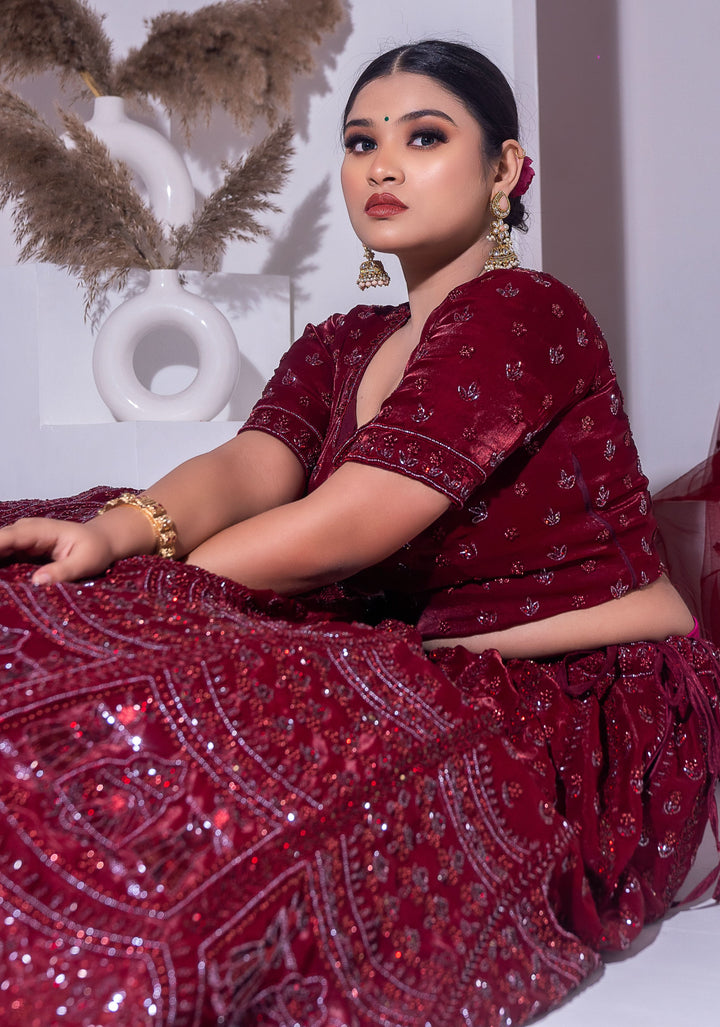 Majestic Maroon Bridal Lehenga with sequins embroidery, Customizable, Made to Order