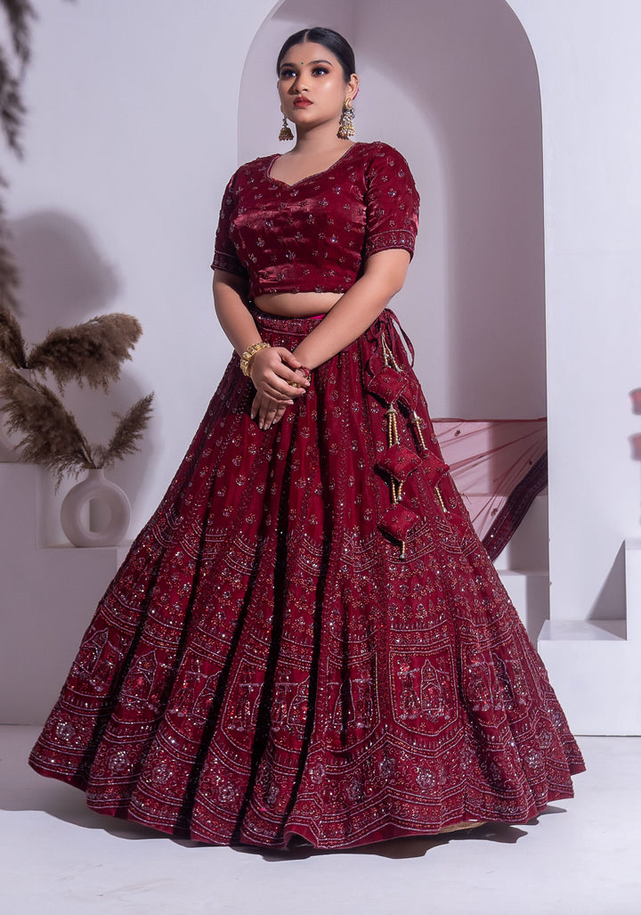 Majestic Maroon Bridal Lehenga with sequins embroidery, Customizable, Made to Order