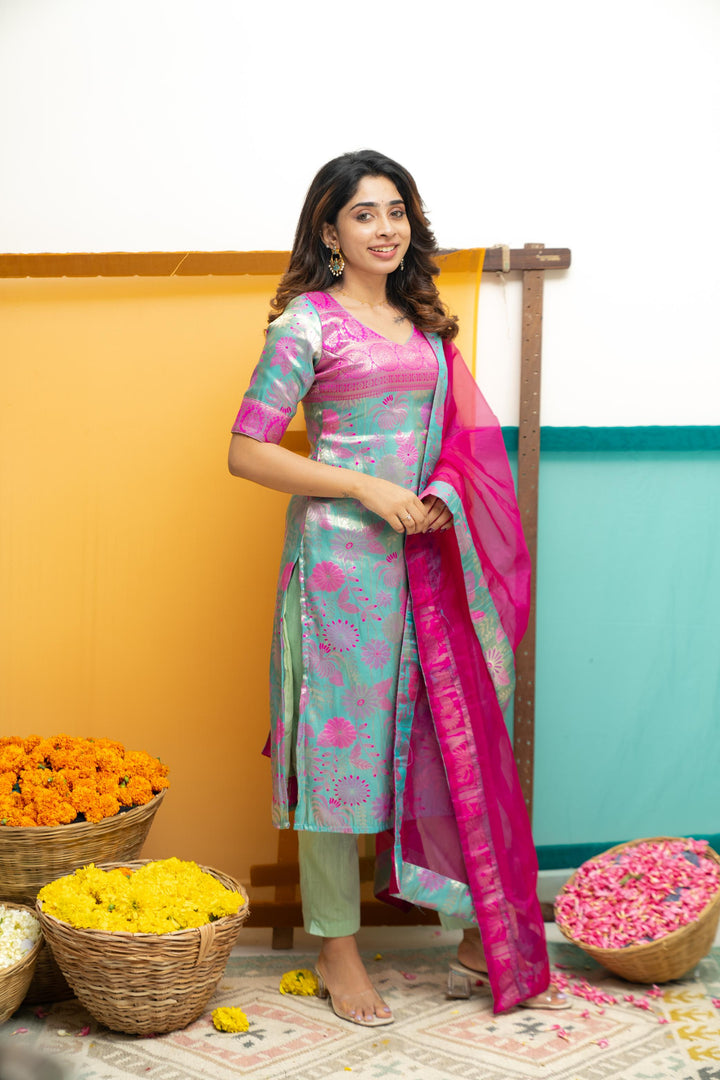 Varuni Pink & Blue Kurti Set | Made To Order
