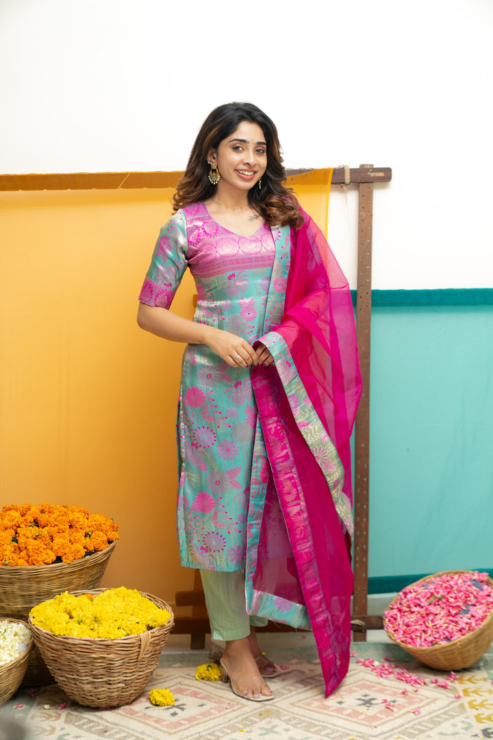 Varuni Pink & Blue Kurti Set | Made To Order