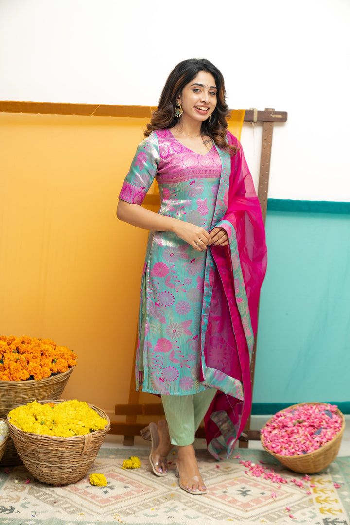 Varuni Pink & Blue Kurti Set | Made To Order