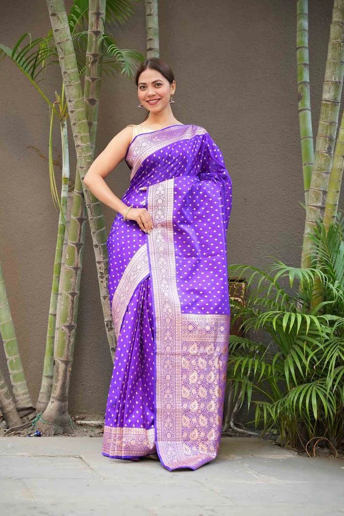 Purple Banarasi Mashru with Rich Pallu, Zari Border & Handloom Wrap Ready To Wear Saree | SILK MARK CERTIFIED