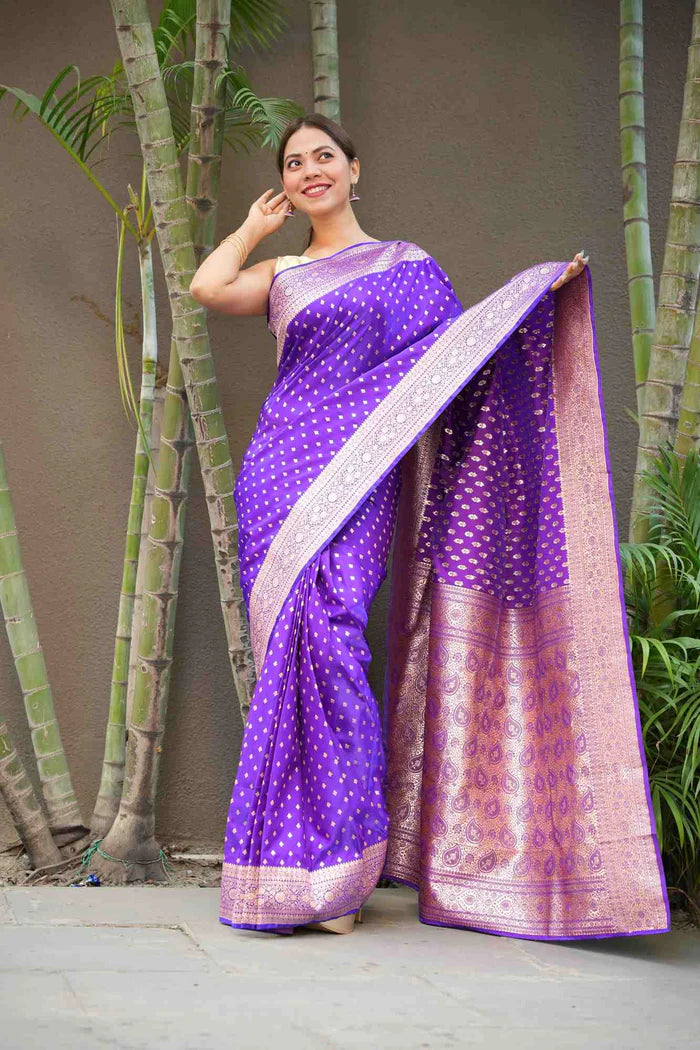 Purple Banarasi Mashru with Rich Pallu, Zari Border & Handloom Wrap Ready To Wear Saree | SILK MARK CERTIFIED