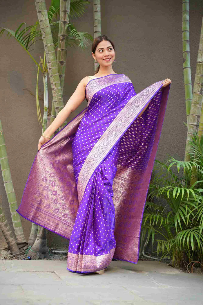 Purple Banarasi Mashru with Rich Pallu, Zari Border & Handloom Wrap Ready To Wear Saree | SILK MARK CERTIFIED