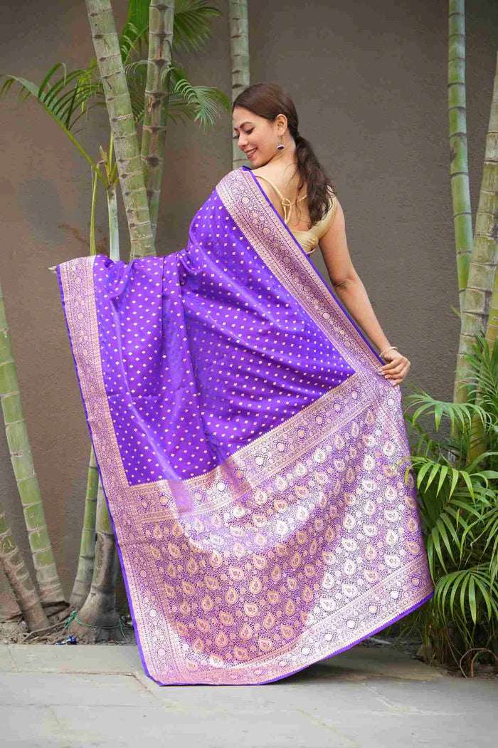 Purple Banarasi Mashru with Rich Pallu, Zari Border & Handloom Wrap Ready To Wear Saree | SILK MARK CERTIFIED