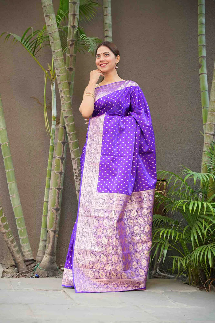 Purple Banarasi Mashru with Rich Pallu, Zari Border & Handloom Wrap Ready To Wear Saree | SILK MARK CERTIFIED
