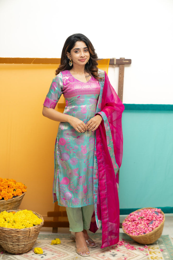 Varuni Pink & Blue Kurti Set | Made To Order