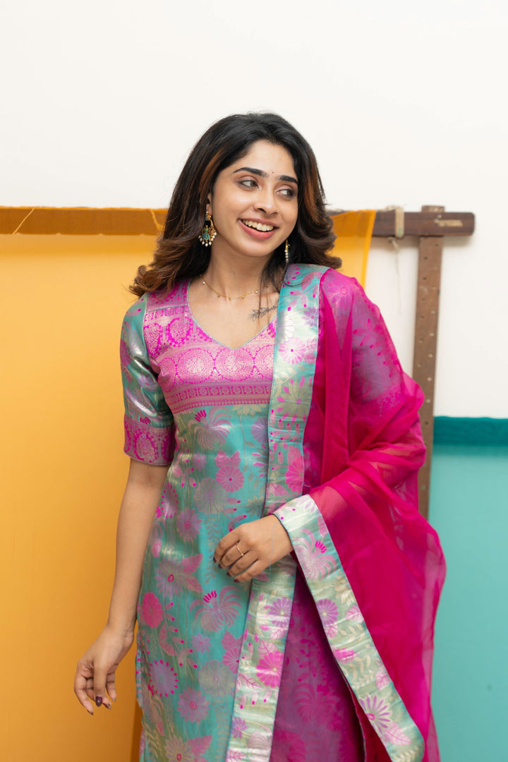 Varuni Pink & Blue Kurti Set | Made To Order