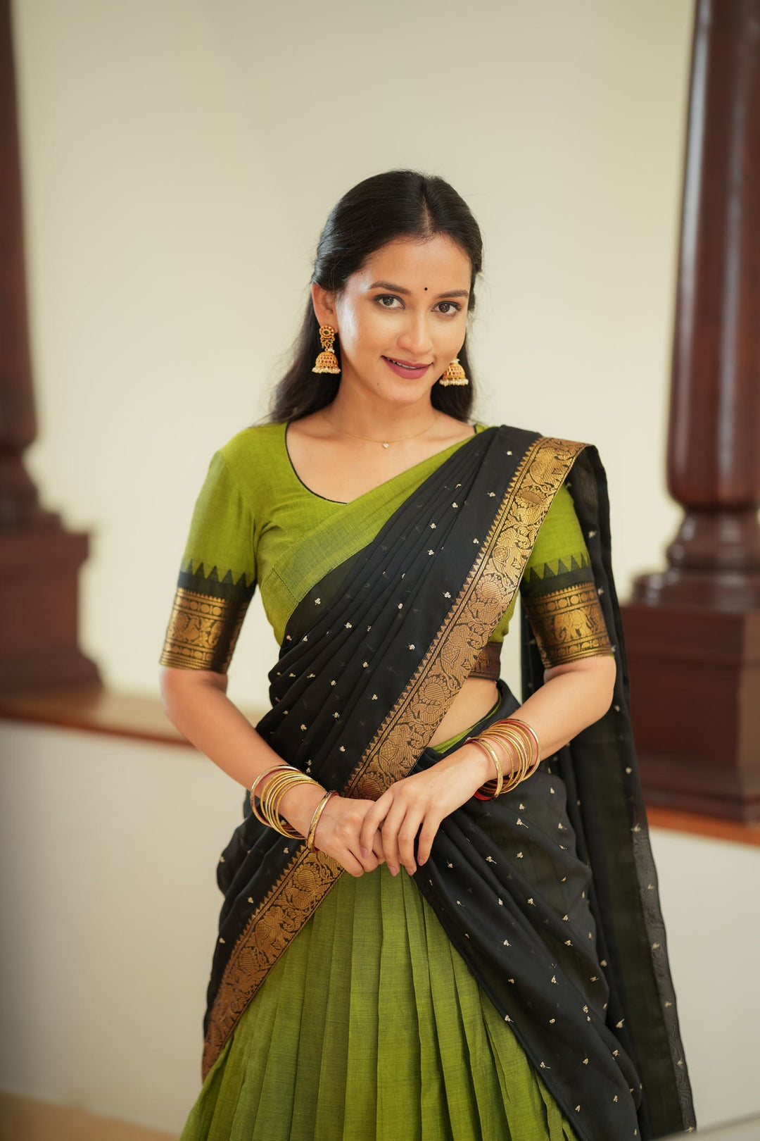 Prisha Olive Green Handwoven Halfsaree | Made to Order | SHOBITAM