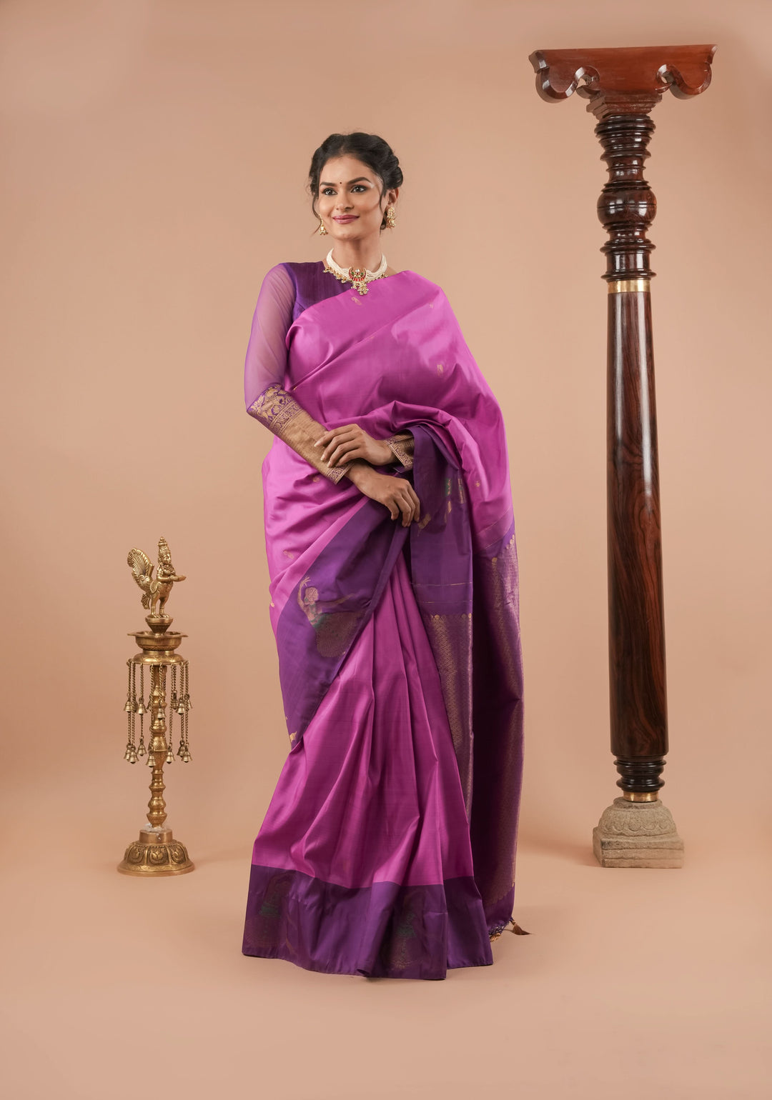 Purplish Pink Silk Kanjivaram Saree with Distinct Dancing Buttas in Border | SILK MARK CERTIFIED
