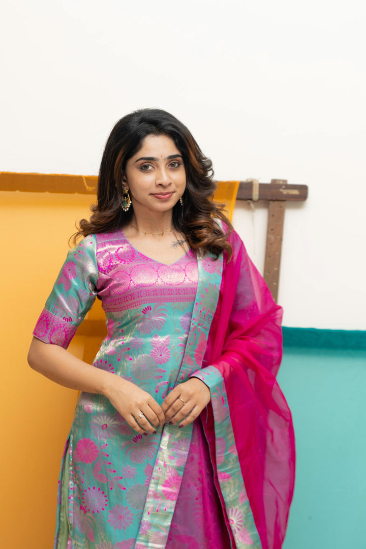 Varuni Pink & Blue Kurti Set | Made To Order
