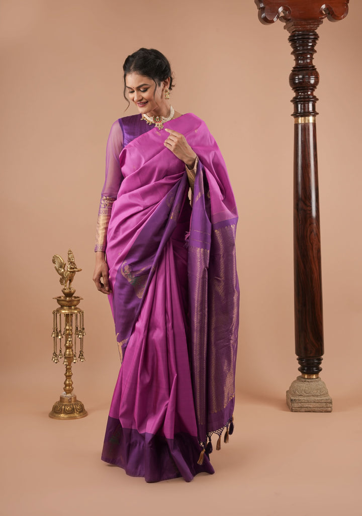 Purplish Pink Silk Kanjivaram Saree with Distinct Dancing Buttas in Border | SILK MARK CERTIFIED