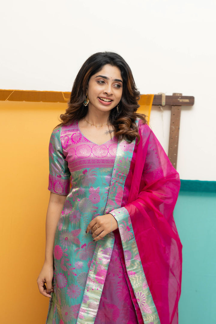 Varuni Pink & Blue Kurti Set | Made To Order