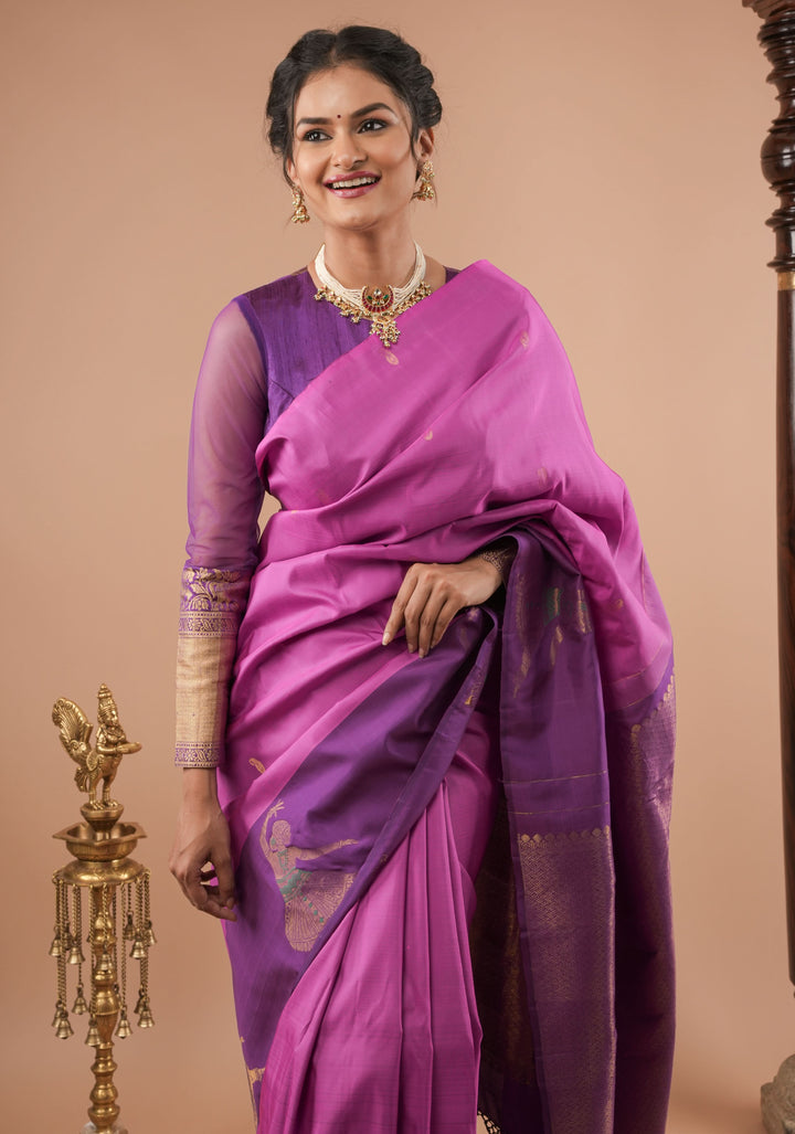 Purplish Pink Silk Kanjivaram Saree with Distinct Dancing Buttas in Border | SILK MARK CERTIFIED