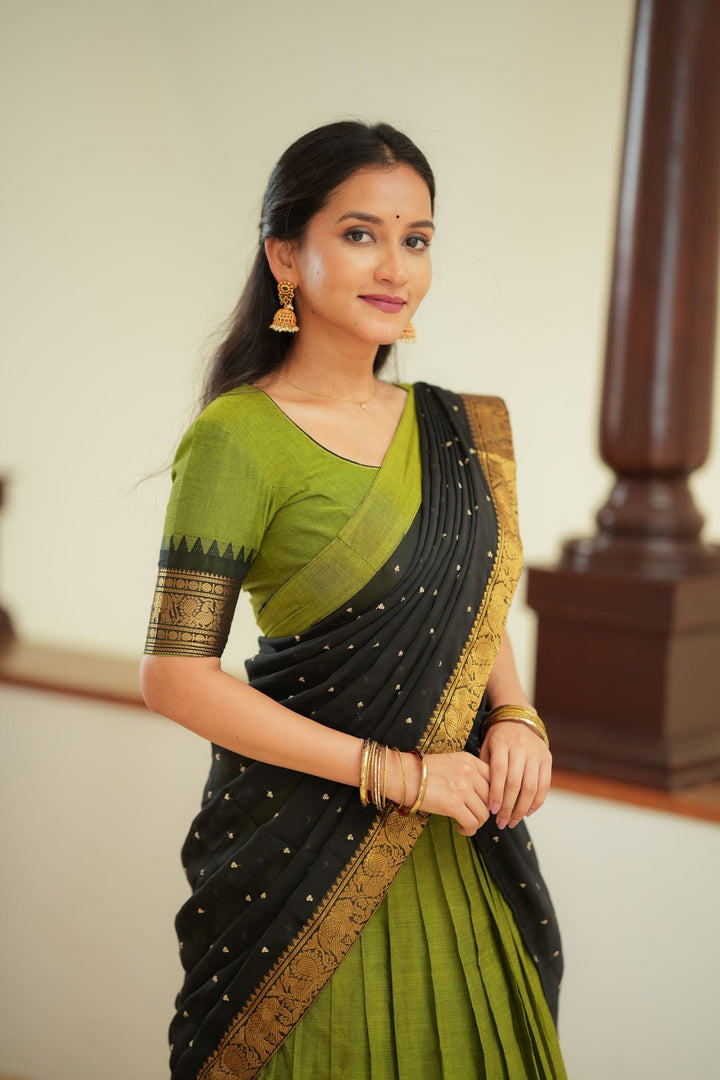 Prisha Olive Green Handwoven Halfsaree | Made to Order | SHOBITAM