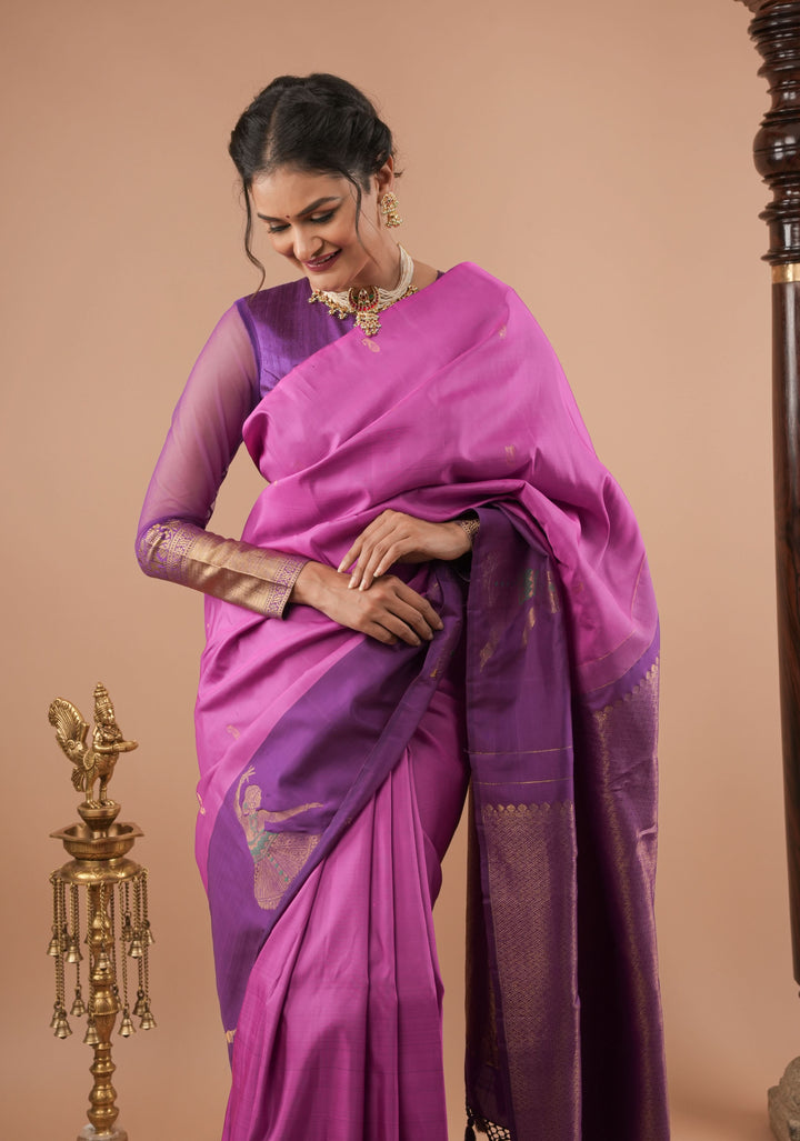 Purplish Pink Silk Kanjivaram Saree with Distinct Dancing Buttas in Border | SILK MARK CERTIFIED