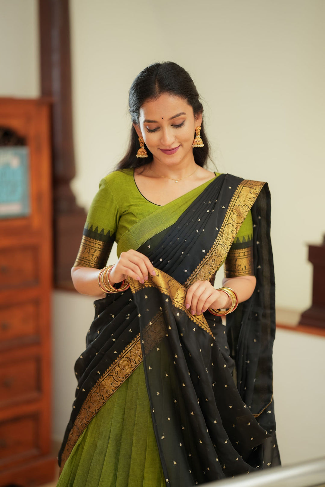 Prisha Olive Green Handwoven Halfsaree | Made to Order | SHOBITAM
