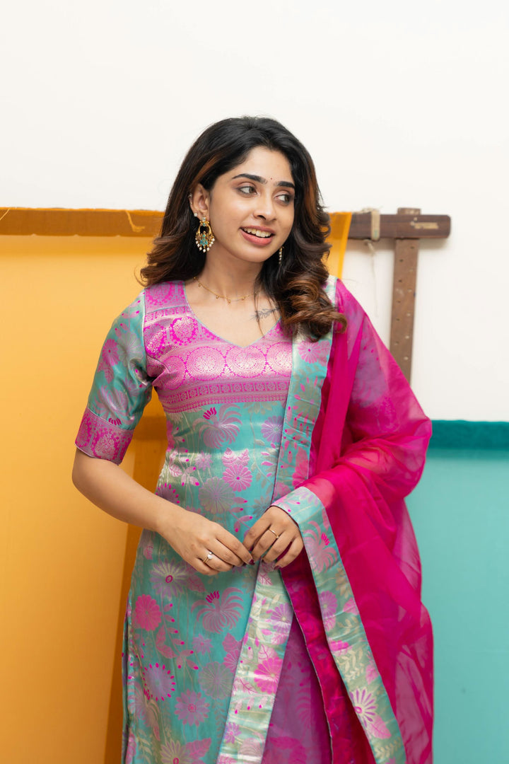 Varuni Pink & Blue Kurti Set | Made To Order