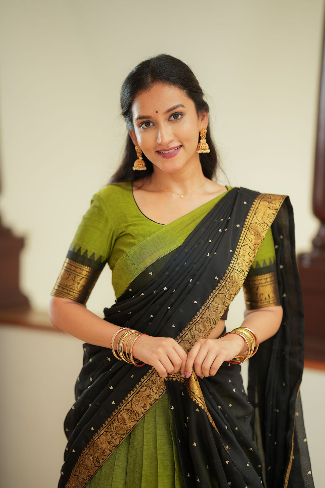 Prisha Olive Green Handwoven Halfsaree | Made to Order | SHOBITAM
