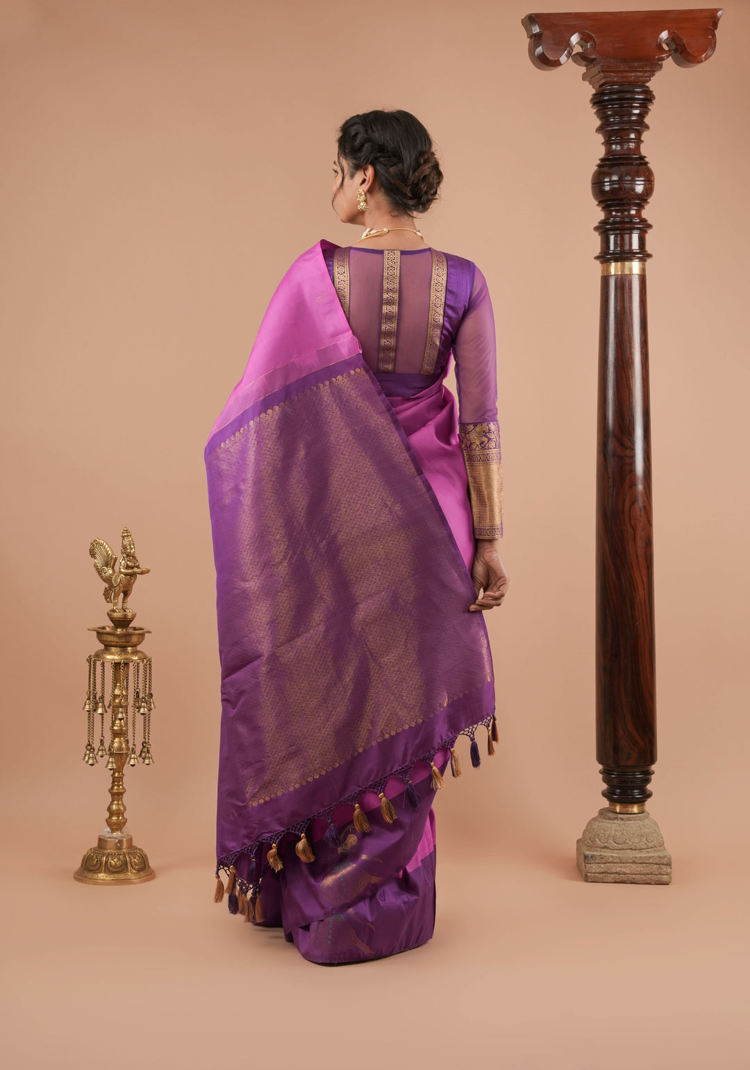 Purplish Pink Silk Kanjivaram Saree with Distinct Dancing Buttas in Border | SILK MARK CERTIFIED