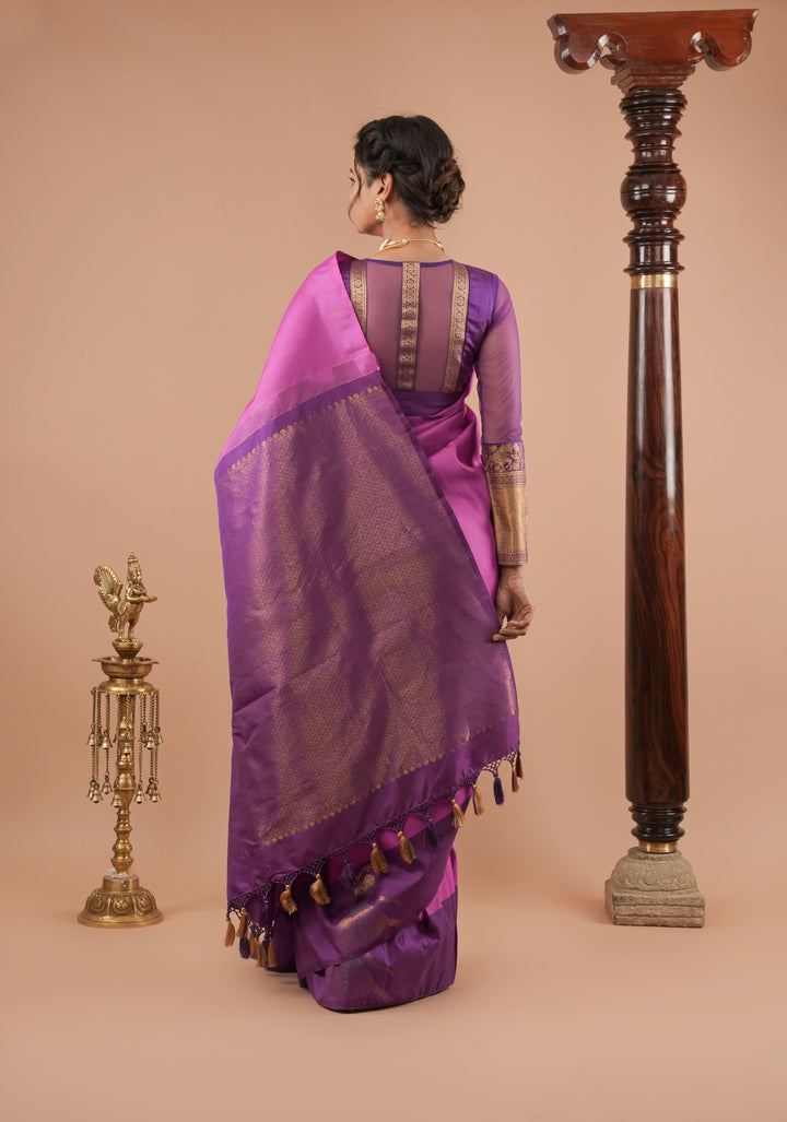 Purplish Pink Silk Kanjivaram Saree with Distinct Dancing Buttas in Border | SILK MARK CERTIFIED