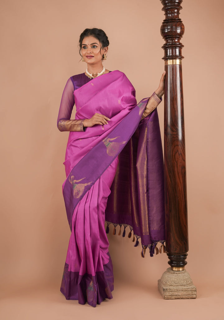 Purplish Pink Silk Kanjivaram Saree with Distinct Dancing Buttas in Border | SILK MARK CERTIFIED