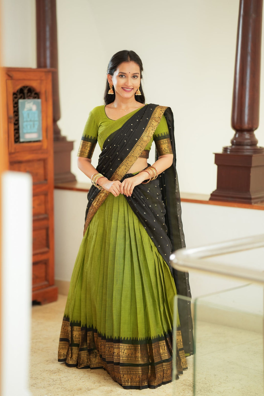 Prisha Olive Green Handwoven Halfsaree | Made to Order | SHOBITAM