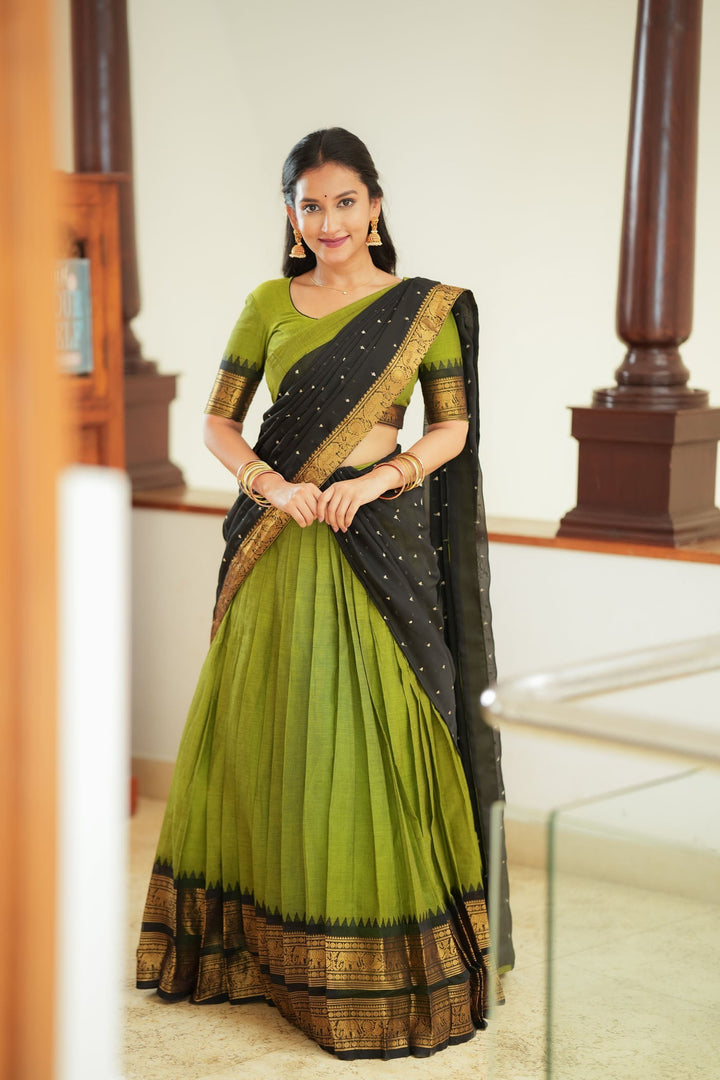 Prisha Olive Green Handwoven Halfsaree | Made to Order | SHOBITAM