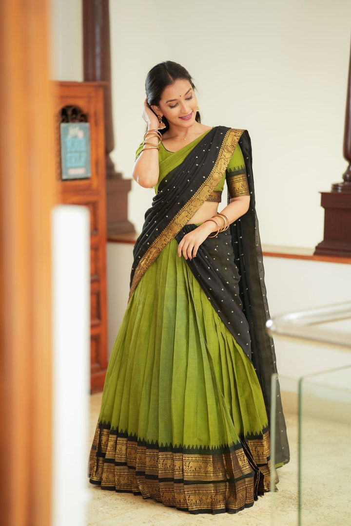 Prisha Olive Green Handwoven Halfsaree | Made to Order | SHOBITAM