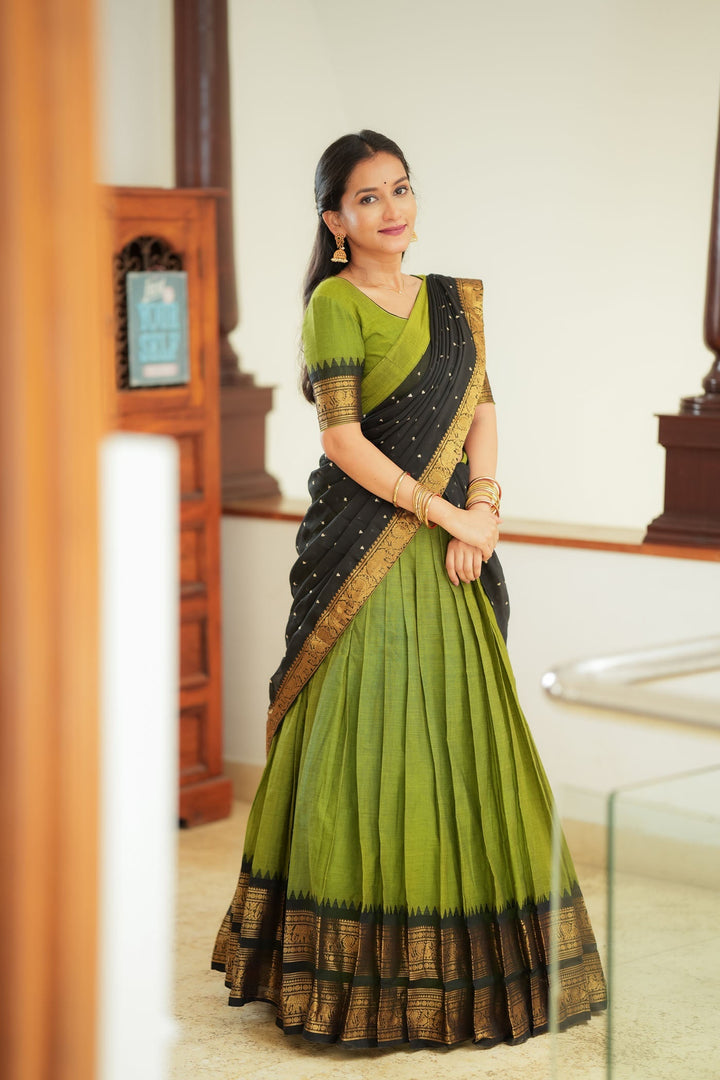 Prisha Olive Green Handwoven Halfsaree | Made to Order | SHOBITAM