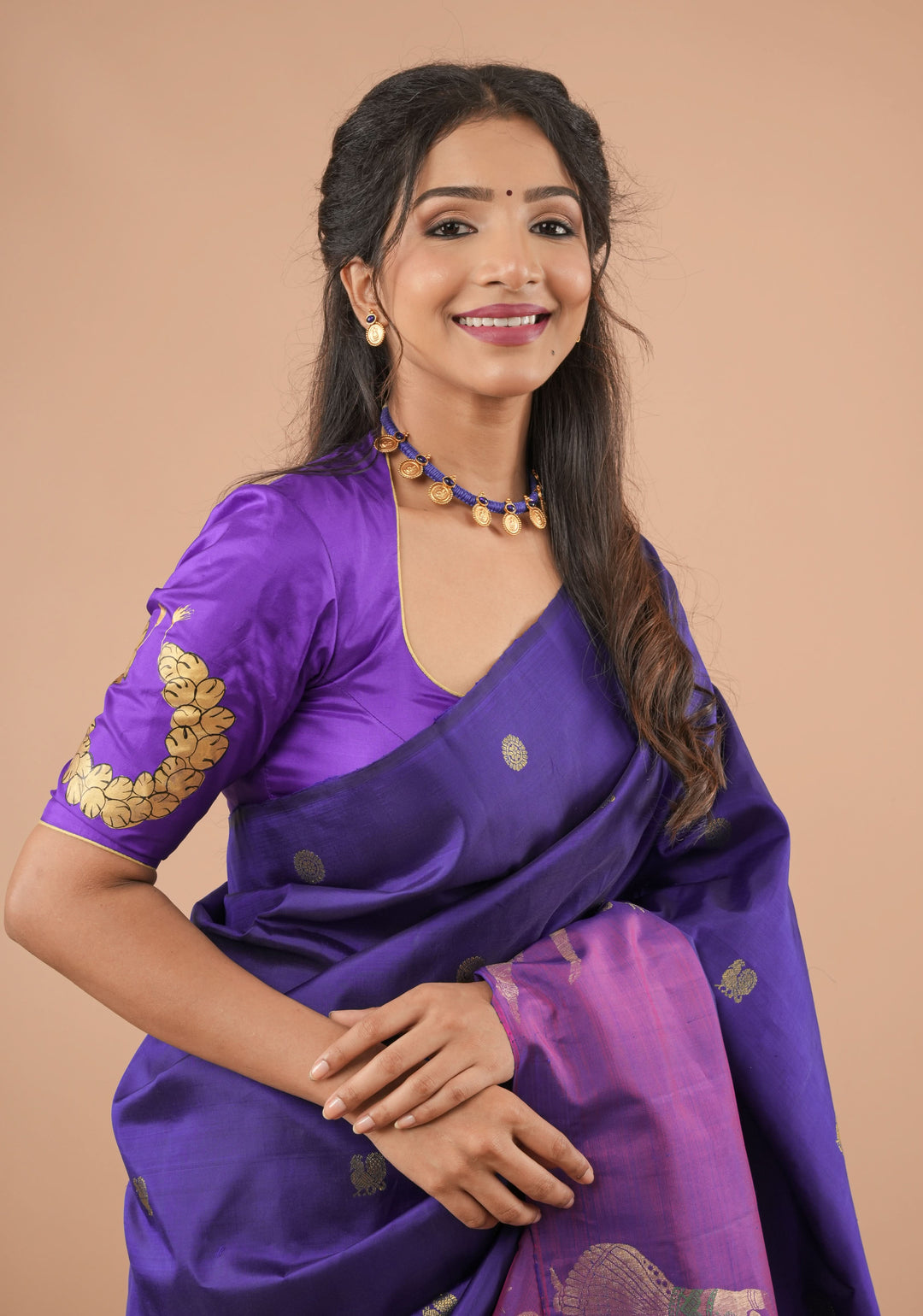 Blue Purple Pure Silk Blouse With Bharatanatyam Dancer Handpainting, Customizable, Made to Order