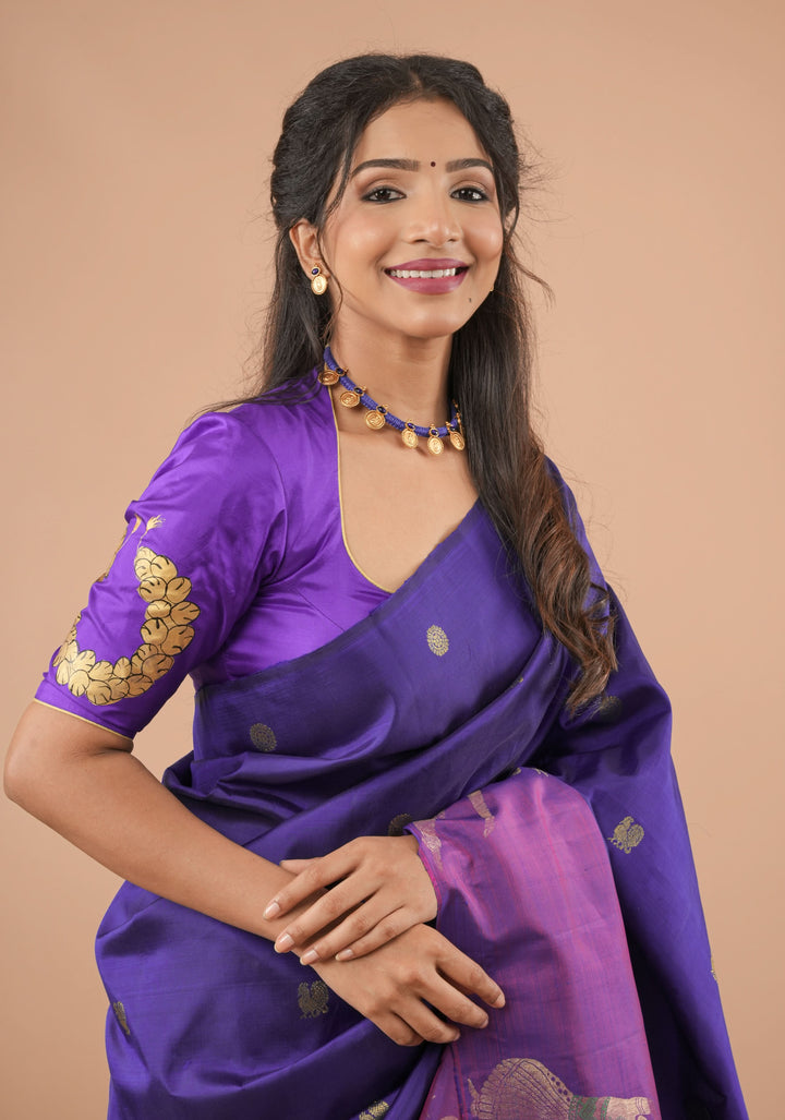 Blue Purple Pure Silk Blouse With Bharatanatyam Dancer Handpainting, Customizable, Made to Order
