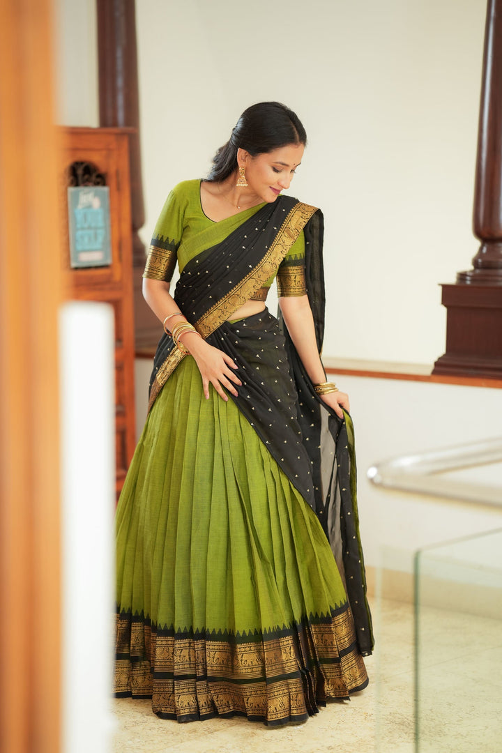 Prisha Olive Green Handwoven Halfsaree | Made to Order | SHOBITAM