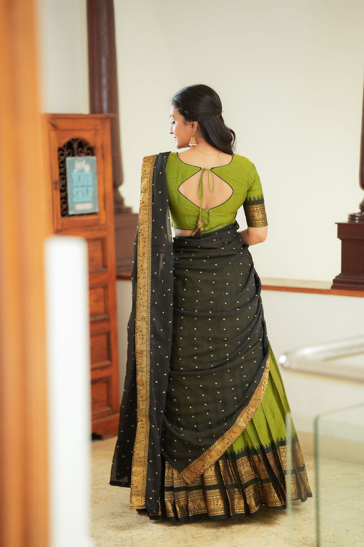 Prisha Olive Green Handwoven Halfsaree | Made to Order | SHOBITAM