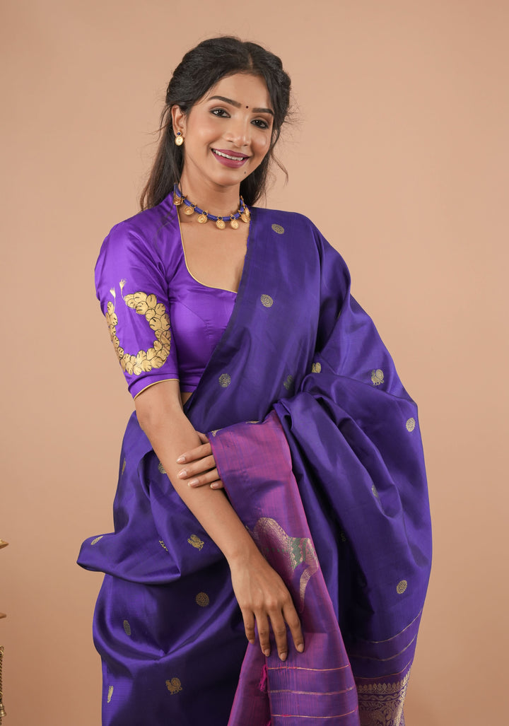 Blue Purple Pure Silk Blouse With Bharatanatyam Dancer Handpainting, Customizable, Made to Order