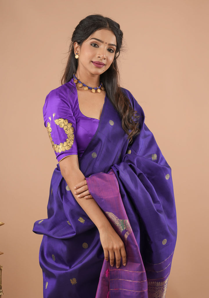 Blue Purple Pure Silk Blouse With Bharatanatyam Dancer Handpainting, Customizable, Made to Order