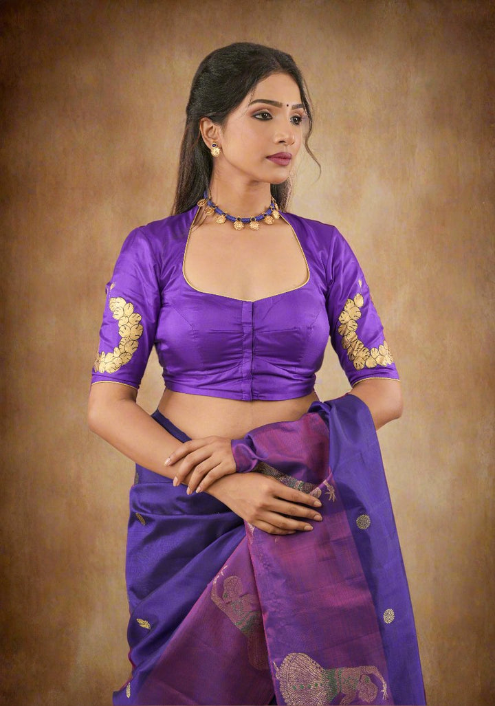 Blue Purple Pure Silk Blouse With Bharatanatyam Dancer Handpainting, Customizable, Made to Order