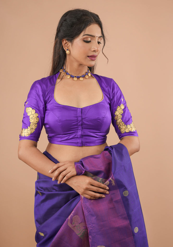 Blue Purple Pure Silk Blouse With Bharatanatyam Dancer Handpainting, Customizable, Made to Order