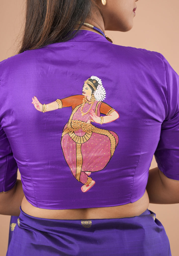Blue Purple Pure Silk Blouse With Bharatanatyam Dancer Handpainting, Customizable, Made to Order