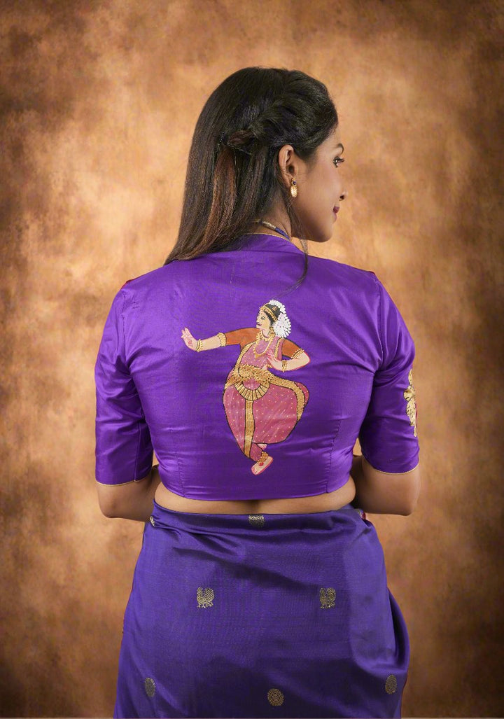Blue Purple Pure Silk Blouse With Bharatanatyam Dancer Handpainting, Customizable, Made to Order