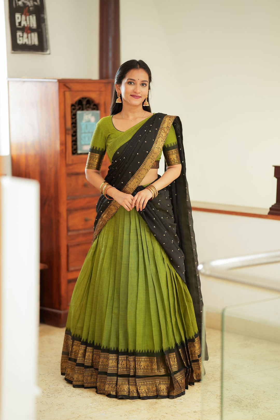 Prisha Olive Green Handwoven Halfsaree | Made to Order | SHOBITAM