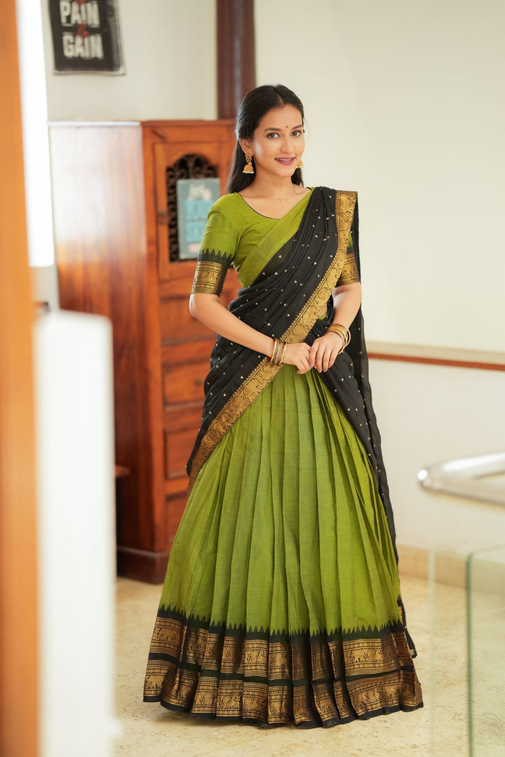 Prisha Olive Green Handwoven Halfsaree | Made to Order | SHOBITAM