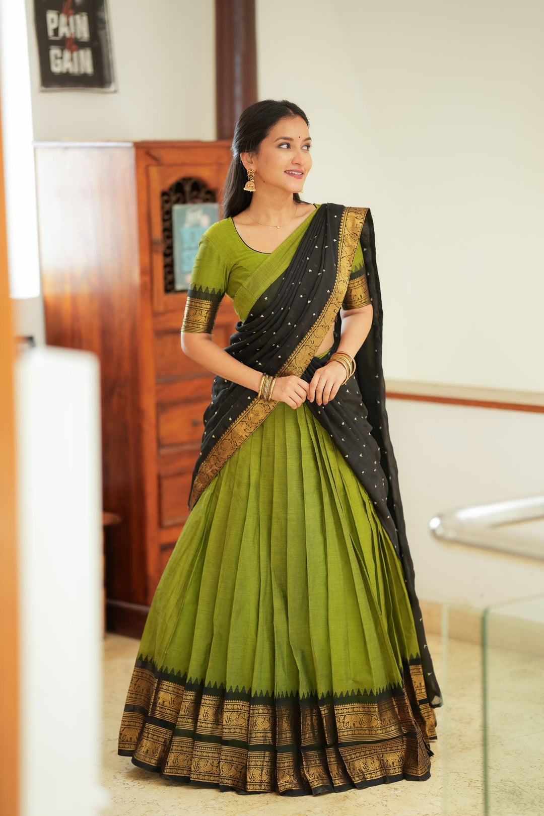 Prisha Olive Green Handwoven Halfsaree | Made to Order | SHOBITAM