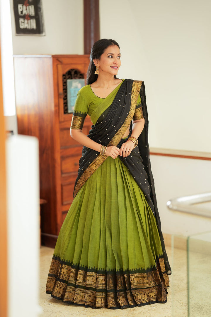 Prisha Olive Green Handwoven Halfsaree | Made to Order | SHOBITAM