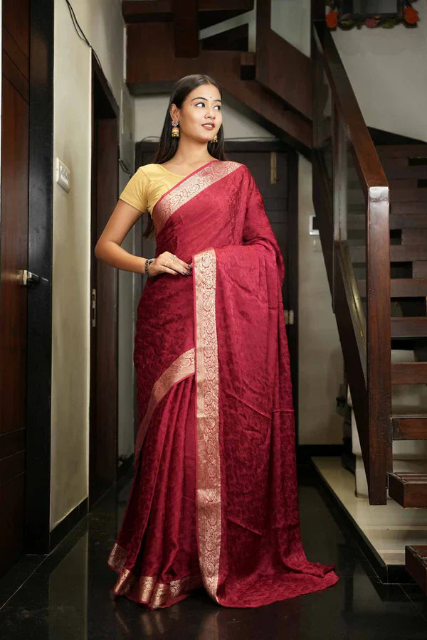 Maroon Viscose Soft Chinon Weaving Pattern Ready To Wear Saree